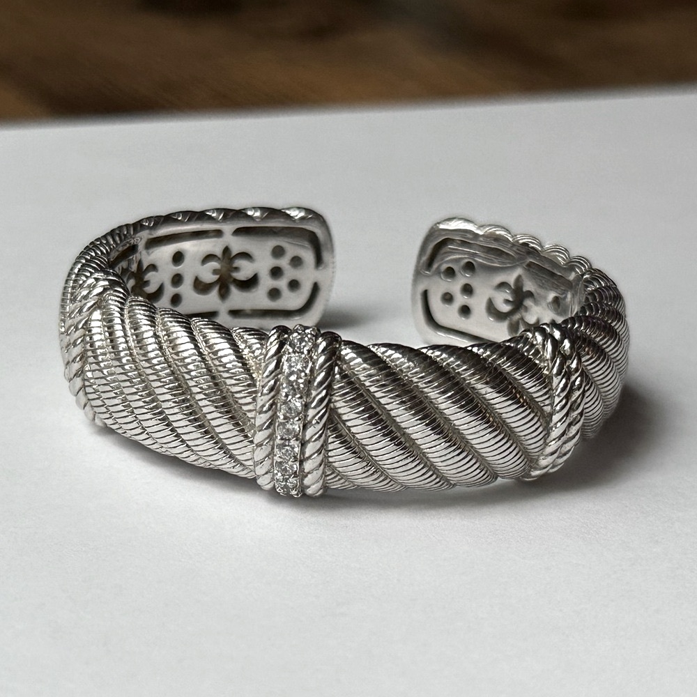 Judith Ripka Sterling CZ Diamonique Wide Cable Hinged Cuff Bracelet